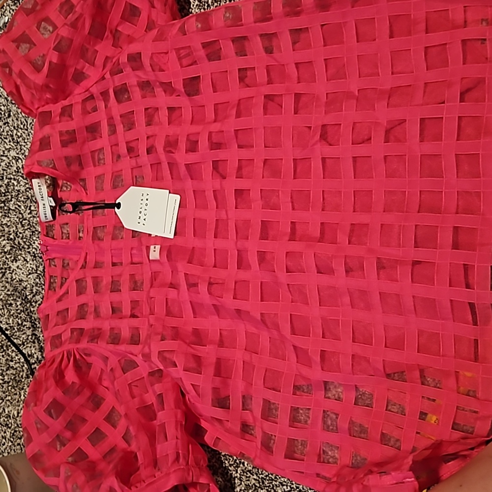 English Factory Pink Lattice Sheer Puff Sleeve Blouse